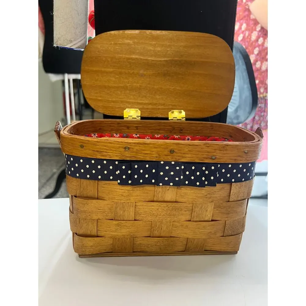 Folk Art Hand Painted vintage hand-painted wooden basket purse picnic box ribbon